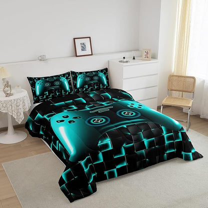 Erosebridal Boys Gaming King Size Bedding Set for Kids Gamer Comforter Sets for Teen Boys Game Controller Bedroom Decor,Neon Teal Glowing Geometric Grid Bedding,Black Abstract Check Square Comforter