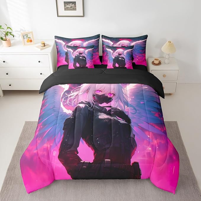 Erosebridal Full Japanese Anime Bed in A Bag Anime Girl Comforter Set with Sheets for Kids Girls Teens Men Bedroom Decor, Cartoon Girl 7 Piece Bedding Set Kawaii Japanese Animation Bed Sets