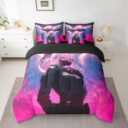 Erosebridal Full Japanese Anime Bed in A Bag Anime Girl Comforter Set with Sheets for Kids Girls Teens Men Bedroom Decor, Cartoon Girl 7 Piece Bedding Set Kawaii Japanese Animation Bed Sets