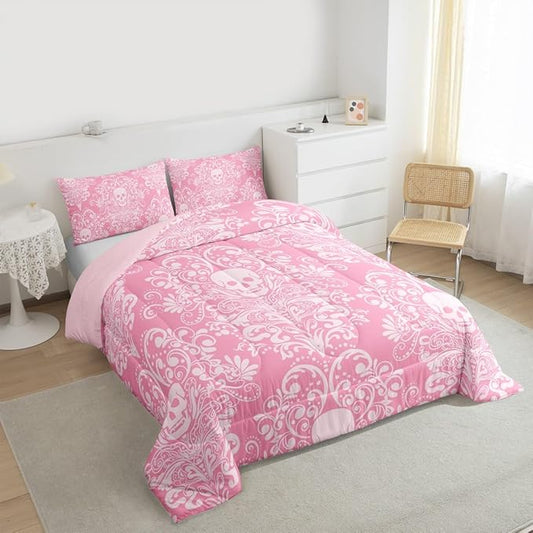 Feelyou Adults Gothic Skull Bedding Set Full Size Kids Damask Print Comforter Goth Bohemian Duvet Breathable Soft Lightweight Microfiber Pink White Room Decor with 2 Pillowcases