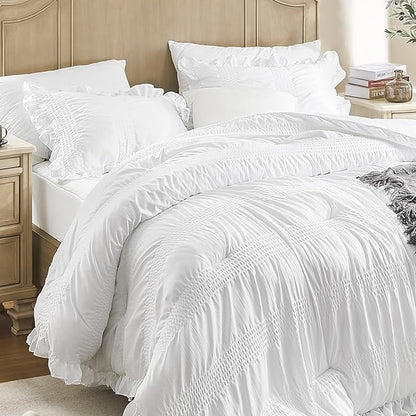 QUIETSEA Twin Comforter Set Seersucker 5 Pieces Luxury Ruffle Bed in a Bag Twin Size for All Season White Bedding Set with Comforter, Pillowcase, Flat Sheet, Fitted Sheet and Pillow Sham