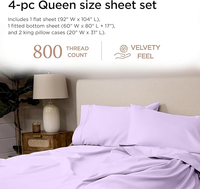 Threadmill Queen Sheet Set | 800 Thread Count Queen Bed Sheets for Queen Mattress with 16” Deep Pocket | Sateen Weave, Better Than Egyptian Cotton, 4-Piece Bedding Set with Cooling Effect | Lilac