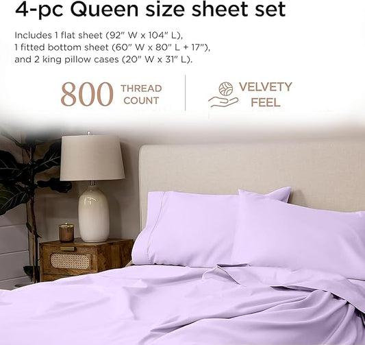 Threadmill Queen Sheet Set | 800 Thread Count Queen Bed Sheets for Queen Mattress with 16” Deep Pocket | Sateen Weave, Better Than Egyptian Cotton, 4-Piece Bedding Set with Cooling Effect | Lilac