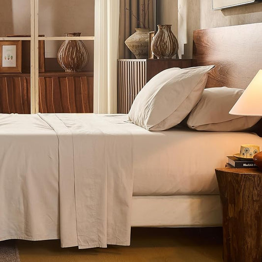 100% Linen Sheet Set King Size Extra Deep Pocket Fits 18-24 Inch Mattress, Breathable & Soft, Smooth 4-Piece Set for Thick Mattresses Hotel Luxury Bedding（King, Linen）