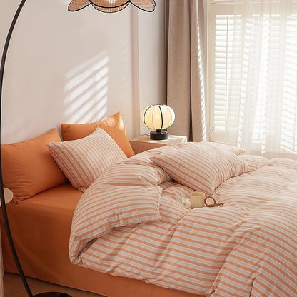 EAVD Retro Striped Duvet Cover Set King Soft 100% Washed Cotton Farmhouse White Orange Striped Bedding Set with 2 Pillowcases Chic Vintage Geometric Pattern Comforter Cover with Zipper Closure