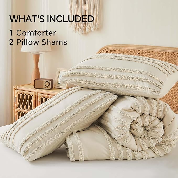BEDELITE Boho Comforter Set Queen Size, Beige Tufted Boho Bed Set 3 Pieces, Soft & Lightweight Comforter for All Seasons, Jacquard Farmhouse Bedding Set with 2 Pillow Shams