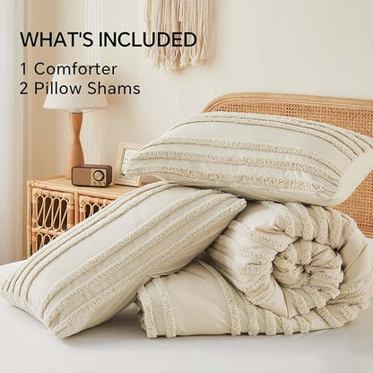 BEDELITE Boho Comforter Set Queen Size, Beige Tufted Boho Bed Set 3 Pieces, Soft & Lightweight Comforter for All Seasons, Jacquard Farmhouse Bedding Set with 2 Pillow Shams
