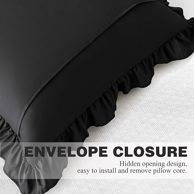 KKJIAF Ruffle Pillow Cases 18x18 Inches, Black Square Ruffled Pillow Covers Set of 2, Microfiber Wrinkle Resistant Pillow Shams with Envelope Closure for Sofa Bed Living Room