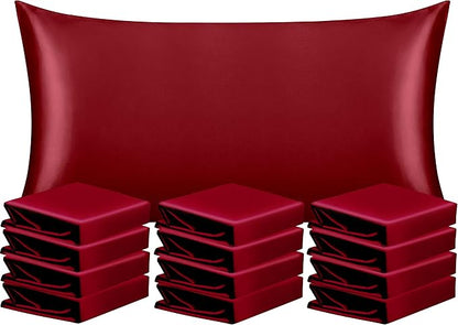 NTBAY 12 Pack Satin King Pillowcases for Hair and Skin, Luxurious and Silky Pillow Cases with Envelope Closure, 20 x 36 Inches, Wine Red