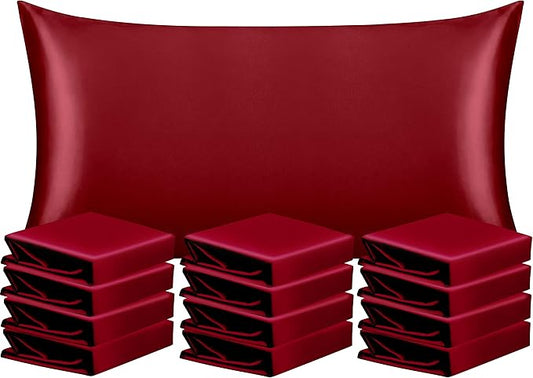 NTBAY 12 Pack Satin King Pillowcases for Hair and Skin, Luxurious and Silky Pillow Cases with Envelope Closure, 20 x 36 Inches, Wine Red