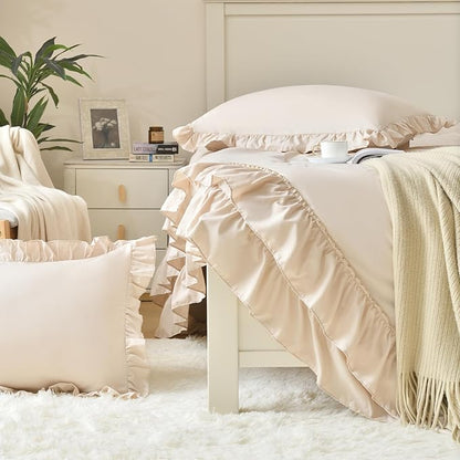 Cupocupa Pink Ruffle King Size Comforter Set, Shabby Chic Boho Bedding Comforter Sets, Fluffy Cozy Bedding Comforters & Sets for All Season, 3PCS Lightweight Farmhouse Rustic Bedding Sets, Beige
