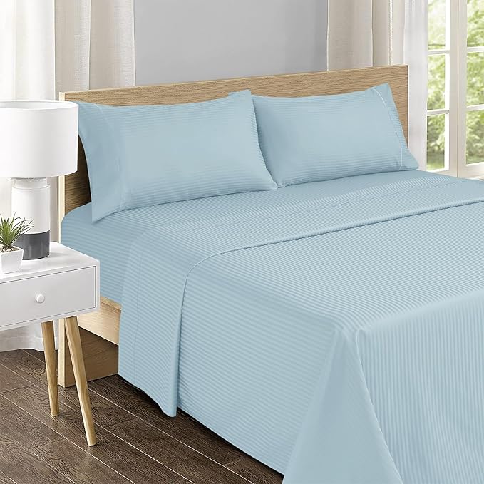 Feather & Stitch 500 TC Split King Size Sheet Set, 5 Piece Bed Sheets Set-2 Twin Fitted Sheet, 1 King Flat Sheet & 2 King Pillowcases, 18" Deep Pockets Sateen Weave Striped Bedsheet - (Aqua Stripe)