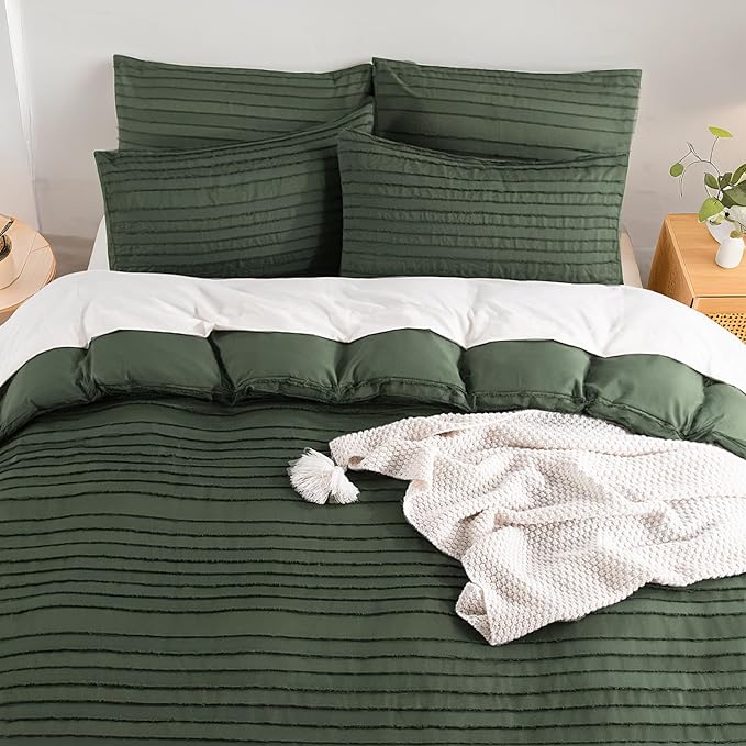 NEXHOME PRO Duvet Cover King,3 Pieces Boho Tufted Duvet Cover Set, Soft and Lightweight 100% Washed Microfiber Comforter Cover Set for All Season(Olive Green,104 x 90)-No Comforter