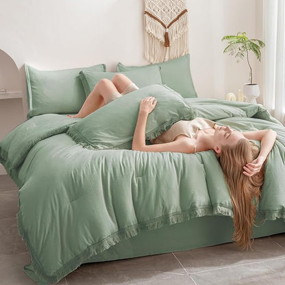 Andency Oversized King Comforter Set Sage Green 120x98-7 Pieces Boho Tassel Bed in a Bag Soft Lightweight Bedding Sets, Fringe All Season Bed Set with Comforter, Sheets, Pillowcases & Shams