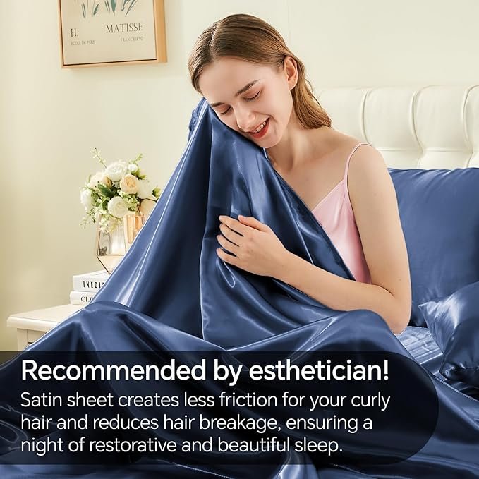 BEDELITE Satin Sheets Queen Size Bed Set, Luxury Soft Navy Silky Sheets for Hair and Skin, Similar to Silk Bed Sheets Set 4 Pieces （1 Deep Pocket Fitted Sheet, 1 Flat Sheet, and 2 Pillowcases）