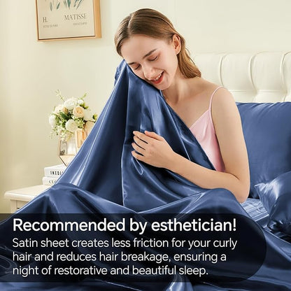 BEDELITE Satin Sheets Full XL Size Bed Set, Luxury Soft Navy Silky Sheets for Hair and Skin, Similar to Silk Bed Sheets Set 4 Pieces with 1 Deep Pocket Fitted Sheet, 1 Flat Sheet, 2 Pillowcases