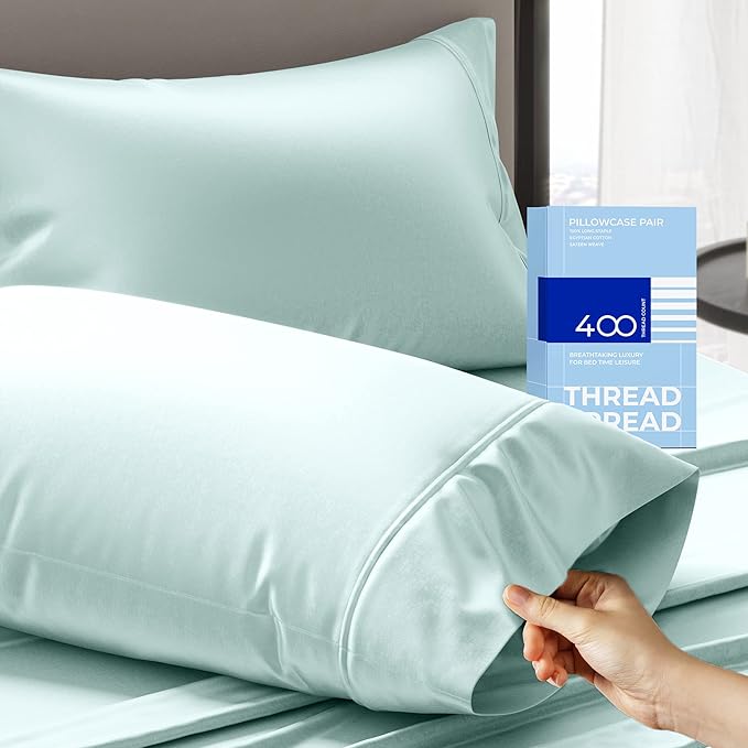 THREAD SPREAD 100% Cotton Pillow Cases Queen Size Set of 2 - Luxury 400 Thread Count Queen Pillow Cases (Sea Foam), Soft Cooling Breathable Hotel Quality Cotton Pillowcases, Fits Standard Pillows