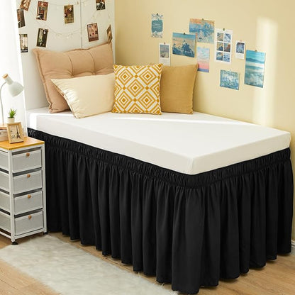RIMELA Black Bed Skirt Twin 32 Inch Drop Silky Luxurious Fabric, Wrinkle and Fade Resistant with Adjustable Elastic Belt Easy to Install Machine Washable Dust Ruffles Bedskirt for Matress Box Spring