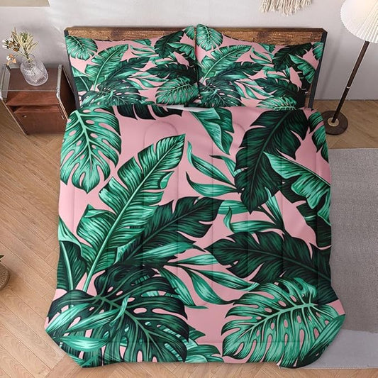 King Size Comforter Set with 2 Pillowcases, Tropical Green Leaves Pink Leaf Soft 3 Pcs Bedding for Kids and Adults Bedroom Bed Decor