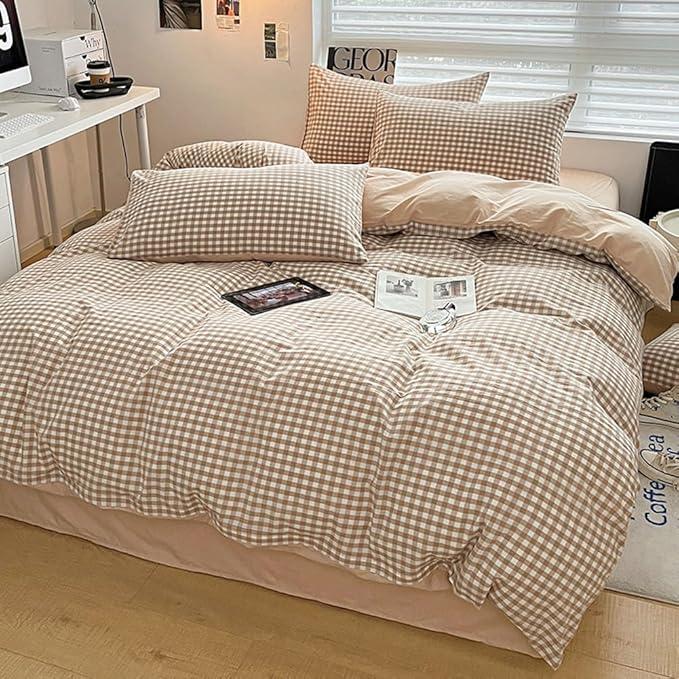 Nayoroom Brown Gingham Duvet Cover Queen Size 100% Washed Cotton Duvet Cover 3 Pieces Soft Breathable Yarn-Dyed Plaid Checkered Girls Dorm Bedding Set for All Seasons