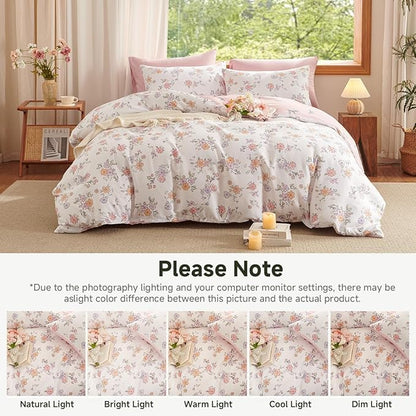 Floral Comforter Set Twin Size - 2 Pieces Pink White Floral Comforter Bedding Sets Reversible Pattern,Twin Bed in a Bag with Flowers Comforter and 1 Pillowcase