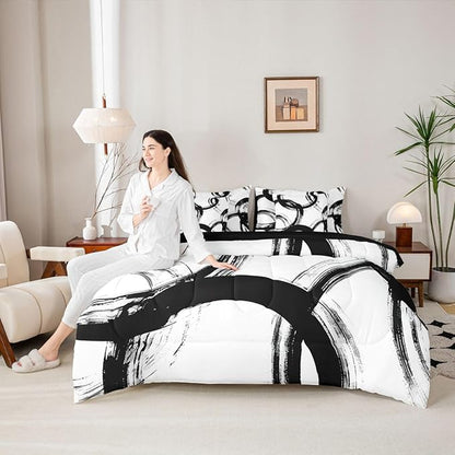 Erosebridal Black and White 7 Pcs Comforter Set Twin Abstract Line Minimalist Ink Painting Bedding Set for Kids Boys Girls Simple Graffiti Art Modern Geometric Sheet Set Boho Cool Unique Mens Quilt