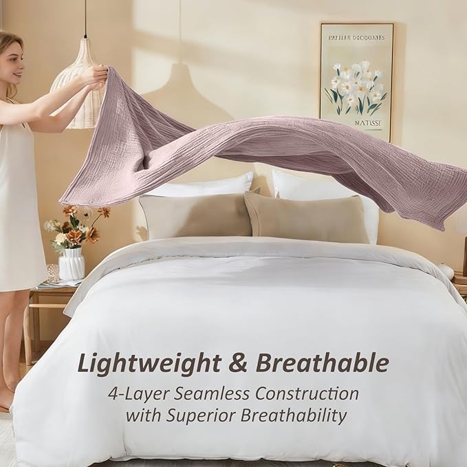 EMME Cotton Muslin Twin XL Blanket Breathable Gauze Soft Lightweight Blankets Adults Gifts for Women (Heather Dusty Pink, 66"x90")