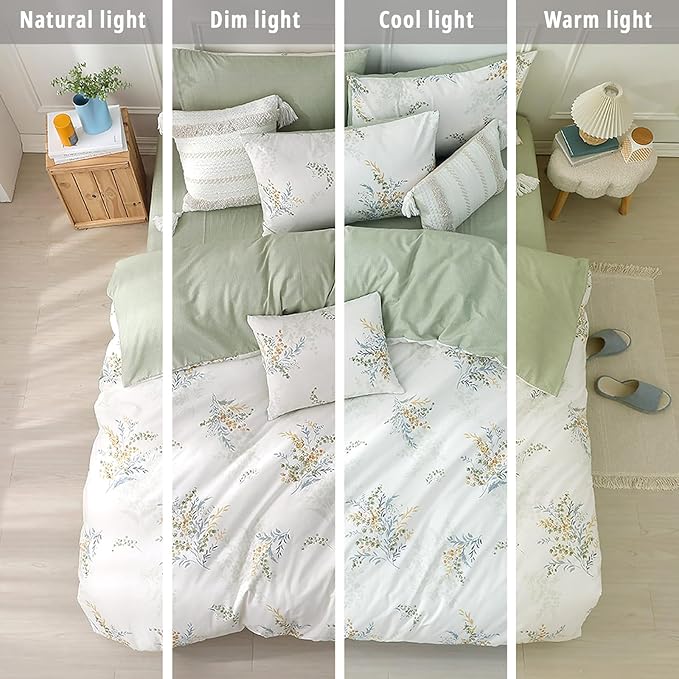 White Cotton Comforter King Size 3Pcs - Blue Branches & Orange and Green Buds on White, Chevron Sage Green Back, Reversible Lightweight Bedding Sets with Soft Fill(King, 104"×90")