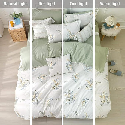 White Cotton Comforter King Size 3Pcs - Blue Branches & Orange and Green Buds on White, Chevron Sage Green Back, Reversible Lightweight Bedding Sets with Soft Fill(King, 104"×90")
