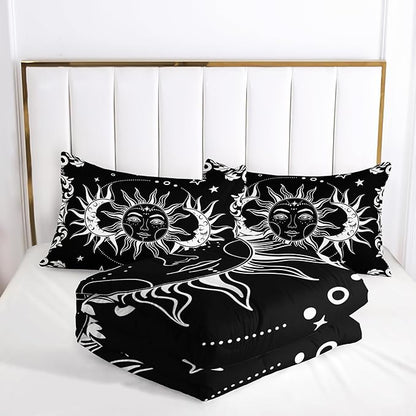 Boho Queen Comforter Set for Girls - Bohemian Gothic Western Hippie Bedding Decor - Black and White Sun and Moon Design