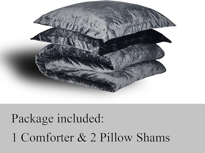 TAMGHO Velvet Comforter King- Grey Soft Crushed Velvet 3pc Bedding Set (108"x96" Comforter + 2x20 x36 Shams), All-Season Easy Care | Soft, Neutral Color, Velvet Texture
