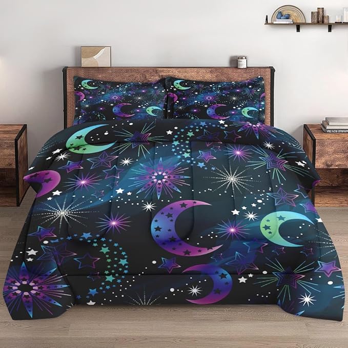 Full Size Comforter Set with 2 Pillowcases, Moon Neon Galaxy Kids Rainbow Soft 3 Pcs Bedding for Kids and Adults Bedroom Bed Decor