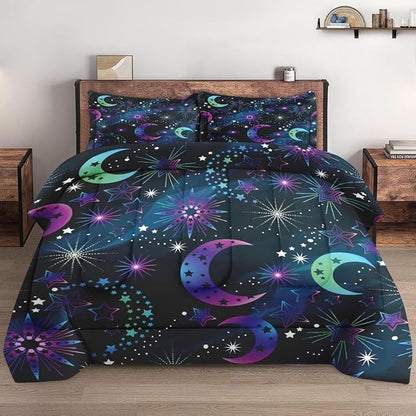 Full Size Comforter Set with 2 Pillowcases, Moon Neon Galaxy Kids Rainbow Soft 3 Pcs Bedding for Kids and Adults Bedroom Bed Decor