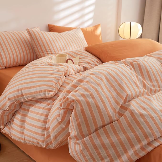 LifeTB Orange Striped Duvet Cover Set Queen, 100% Washed Cotton White Orange Stripes Pattern Printed Comforter Cover, 3 Pieces Farmhouse Striped Bedding Set Breathable Duvet Cover Queen Size