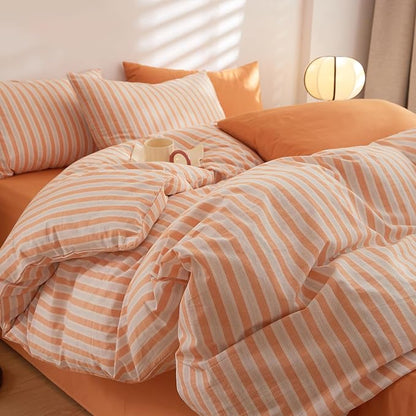 Orange Striped Comforter Twin XL Fluffy Down Alternative Bedding Set Soft Washed Cotton Chic All Season Bedding Comforter Sets Cute Boho Cozy Rustic Bed Comforter with 2 Pillowcases