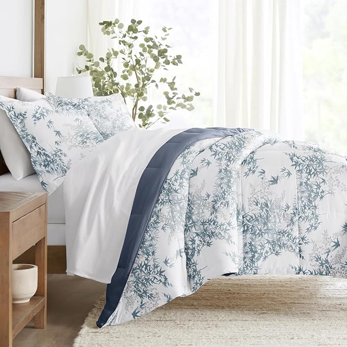 LINENS & HUTCH Comforter Set Patterned Microfiber All Season Down-Alternative Ultra Soft Bedding in Bamboo Leaves Blue - King/Cal-King Bamboo Leaves Blue Stone