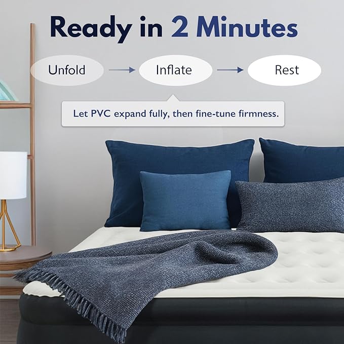 King Koil Full Size Plush Pillow Top Inflatable Air Mattress with Built-in Pump High-Speed Pump for Home, Camping, Guests, Luxury Double High Adjustable Blow Up Bed, Waterproof, 1-Year Warranty.