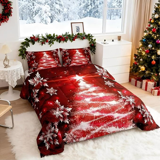 Feelyou Christmas Comforter Set King Size Red Christmas Tree Bedding Set Glitter Snowflake Comforter Microfiber Kids Adults Holiday Winter Duvet Quilt Xmas Room Decor