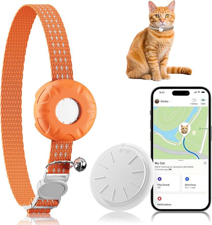 Cat Tracker, GPS Tracker, Pet Tracker Compatible with Apple Find My App(Only iOS), Waterproof Cat Trackers Collar with Bell and Safety Elastic Buckle,No Monthly Fee, Smart Alerts, Orange