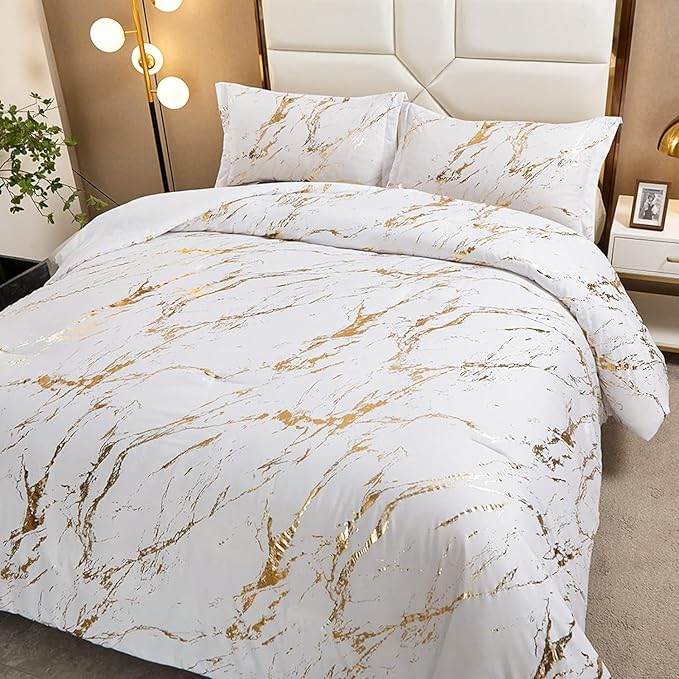 WONGS BEDDING White Gold Metallic Marble Comforter Set Full Foil Print Glitter Bedding Sets with 2 Pillowcases for All Seasons, Soft Microfiber Filling Bedding Duvet Set 78"×90"