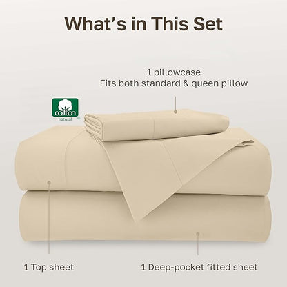 California Design Den Twin Bed Sheets Set - 500 Thread Count Sateen, Natural 100% Cotton Sheets, Fully Elasticized Deep Pockets for a Snug Fit, Breathable Bedding - Beige