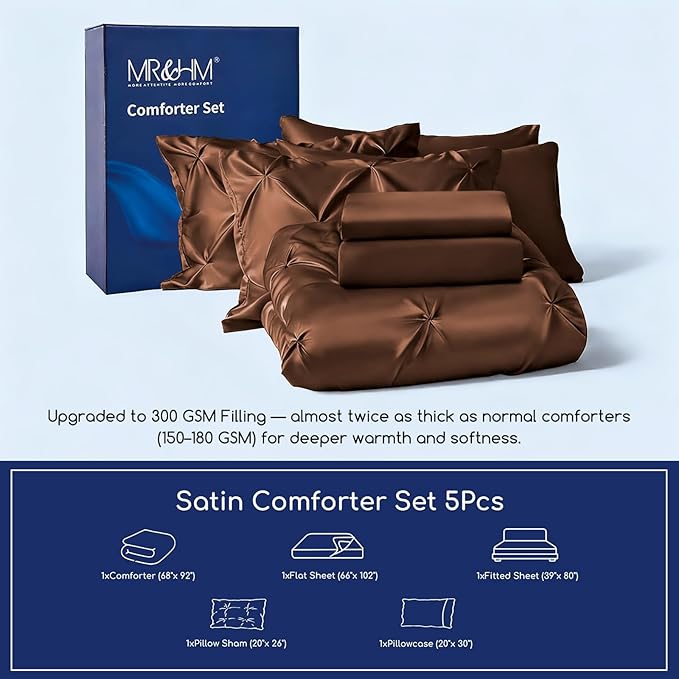 MR&HM Satin Comforter Twin XL 5 Pieces - Luxurious Pinch Pleat Bedding Set with Comforter, Flat Sheet, Fitted Sheet, Pillowcase & Sham, Super Silky Soft Bed Set for All Season (Twin XL, Brown)