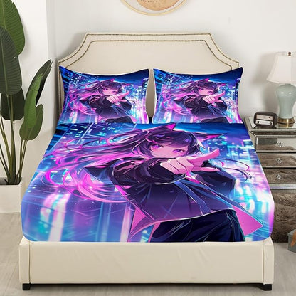 Erosebridal Kids Anime Girl Queen Size Bedding Set, Japanese Anime Bed Sheets, Cartoon Girl Fitted Sheet for Boys Teens Bedroom Decor, Kawaii Japanese Animation Bed Set with 2 Pillow Cases