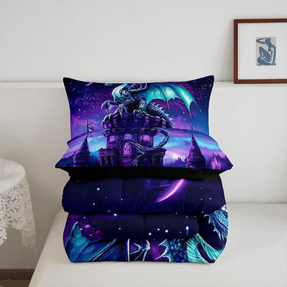 Dragon Wildlife Comforter Set Toddler Size,Western Castle Bedding Set for Kids Teens,Mysterious Magical Theme Down Comforter,2 Pcs 1 Pillowcase