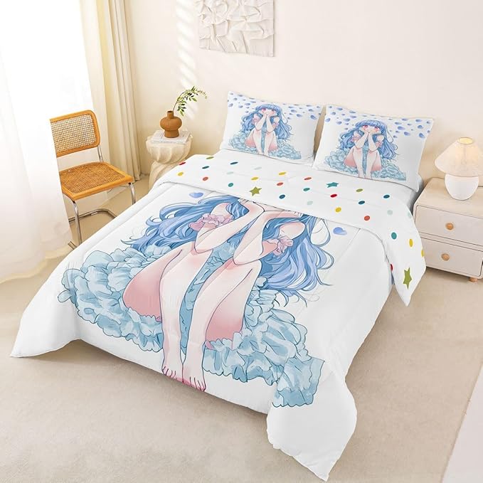 Erosebridal Blue Girly Anime Kids Down Comforter Twin,Cute Cartoon Girl Comforter Set Romantic Aesthetic Bedding Set Kawaii Watercolor Love Heart Quilt Set 1 Pillow Case