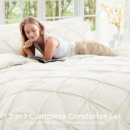 Sasttie King Size Comforter Set, 7-Piece Bed in a Bag, Pintuck Bedding Set for All Season, Includes Comforter, Flat Sheet, Fitted Sheet, Pillowcases and Pillowshams, Ivory