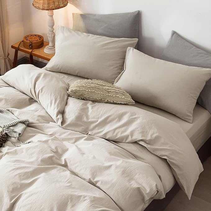 MooMee Bedding Pillowcases Pack of 2 100% Washed Cotton Linen Like Textured Breathable Durable Soft Comfy (Heathered Cream Grey, King)