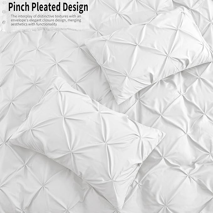 VACVELT 5 Piece Pinch Pleated Duvet Cover Full/Queen Size Set, White Pintuck Duvet Cover with Zipper & 8 Ties, Shabby Chic Microfiber Duvet Cover + 2 Pillow Shams + 2 Pillowcases, No Comforter