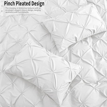VACVELT 5 Piece Pinch Pleated Duvet Cover Full/Queen Size Set, White Pintuck Duvet Cover with Zipper & 8 Ties, Shabby Chic Microfiber Duvet Cover + 2 Pillow Shams + 2 Pillowcases, No Comforter