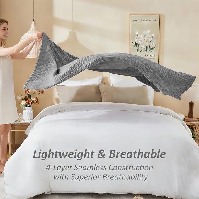 EMME Cotton Muslin Twin XL Blanket Breathable Gauze Soft Lightweight Blankets Adults Gifts for Women (Heather Grey, 66"x90")